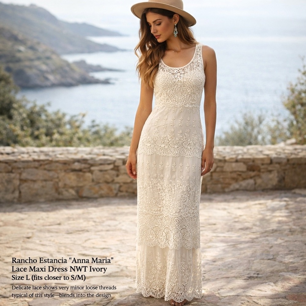 Rancho Estancia Lace Maxi Dress NWT Ivory Boho Western Romantic Size L Fits S/M